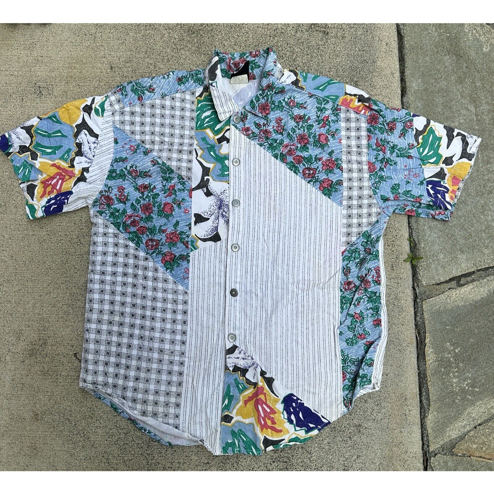 Vintage Button Up Short Sleeve Shirt Mens Medium Blue Retro Abstract Patchwork